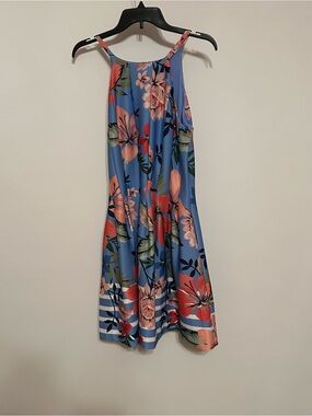 Vince Camuto Blue Floral Slip Dress with Coral & Green Accents